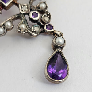 Diamond Amethyst and Seed Pearl 9k Gold Brooch or Pin Antique Victorian c1890