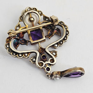 Diamond Amethyst and Seed Pearl 9k Gold Brooch or Pin Antique Victorian c1890