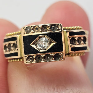 Diamond and Enamel 15k Gold Mourning Ring Chester Hallmark Antique Victorian 1894