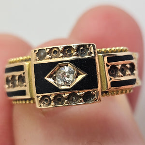 Diamond and Enamel 15k Gold Mourning Ring Chester Hallmark Antique Victorian 1894