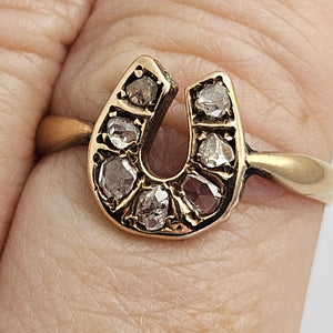 Lucky Horseshoe Diamond in 18k Gold Ring Size UK R Antique Victorian c1880