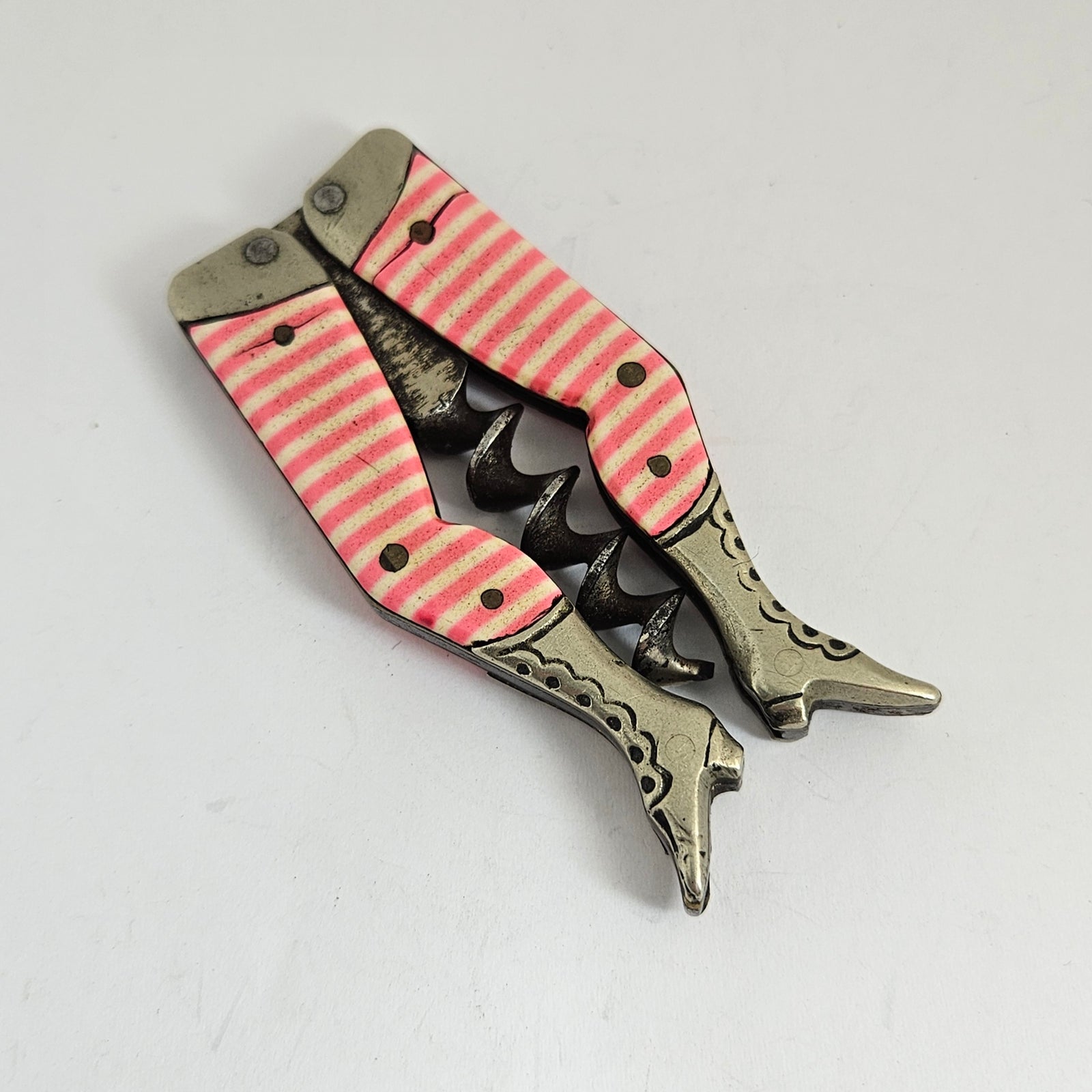 Novelty Ladies Legs Corkscrew Bottle Opener Enamel and Nickel Steel Antique Victorian c1840