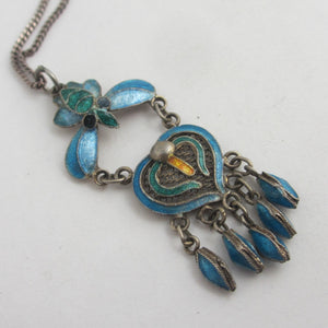 Dangling Enamel on Sterling Silver Pendant Necklace Antique Art Nouveau c1910