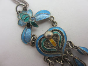 Dangling Enamel on Sterling Silver Pendant Necklace Antique Art Nouveau c1910