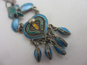 Dangling Enamel on Sterling Silver Pendant Necklace Antique Art Nouveau c1910