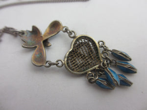 Dangling Enamel on Sterling Silver Pendant Necklace Antique Art Nouveau c1910