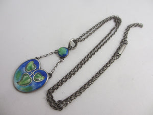 Ivy Leaf Enamel on Sterling Silver Dangling Pendant Necklace Antique Art Nouveau c1910