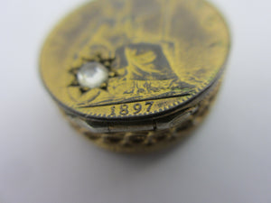 Farthing 1897 Coin Sterling Silver Gilt Pendant Charm or Locket Antique Victorian