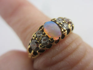 Fiery Opal and Diamond 18k Gold Ring Antique Victorian c1880 Size UK M+