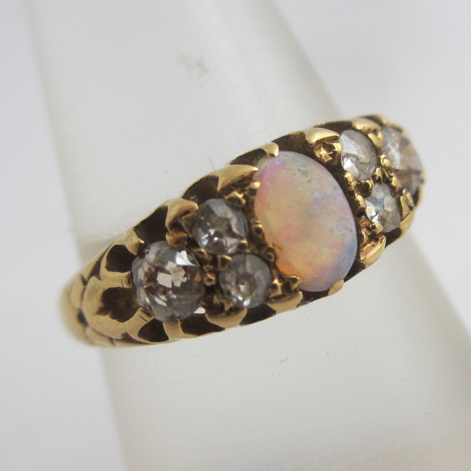 Fiery Opal and Diamond 18k Gold Ring Antique Victorian c1880 Size UK M+