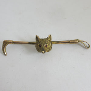 Fox Mash Head Hunting Riding Crop 9k Gold Brooch Pin Antique Victorian c1890
