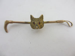 Fox Mash Head Hunting Riding Crop 9k Gold Brooch Pin Antique Victorian c1890