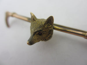 Fox Mash Head Hunting Riding Crop 9k Gold Brooch Pin Antique Victorian c1890