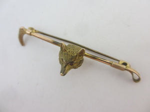 Fox Mash Head Hunting Riding Crop 9k Gold Brooch Pin Antique Victorian c1890