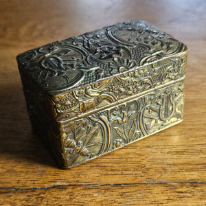 Tiny Gilt Brass Box containing Glass Inkwell Bottles Antique Victorian c1890