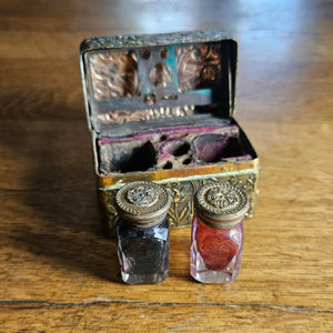 Tiny Gilt Brass Box containing Glass Inkwell Bottles Antique Victorian c1890
