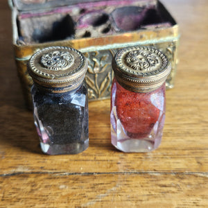 Tiny Gilt Brass Box containing Glass Inkwell Bottles Antique Victorian c1890