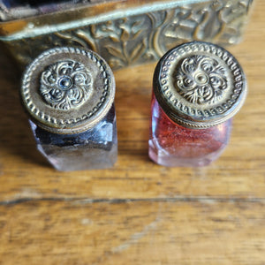 Tiny Gilt Brass Box containing Glass Inkwell Bottles Antique Victorian c1890