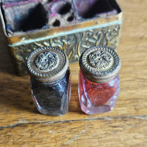 Tiny Gilt Brass Box containing Glass Inkwell Bottles Antique Victorian c1890
