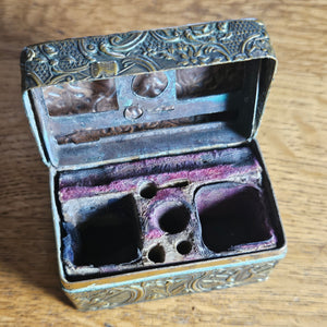 Tiny Gilt Brass Box containing Glass Inkwell Bottles Antique Victorian c1890