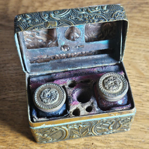 Tiny Gilt Brass Box containing Glass Inkwell Bottles Antique Victorian c1890