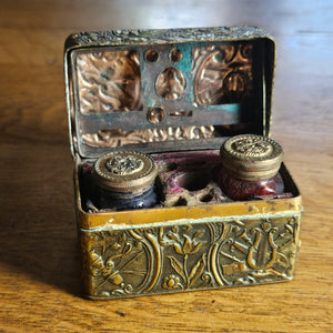 Tiny Gilt Brass Box containing Glass Inkwell Bottles Antique Victorian c1890