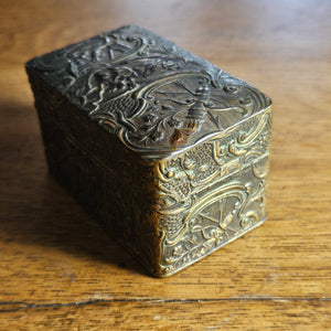 Tiny Gilt Brass Box containing Glass Inkwell Bottles Antique Victorian c1890