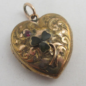 Lucky Shamrock in Heart Double Locket Pendant 9k Gold Antique Victorian c1880