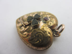 Lucky Shamrock in Heart Double Locket Pendant 9k Gold Antique Victorian c1880