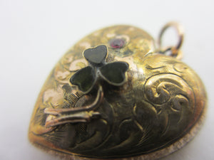 Lucky Shamrock in Heart Double Locket Pendant 9k Gold Antique Victorian c1880