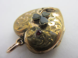 Lucky Shamrock in Heart Double Locket Pendant 9k Gold Antique Victorian c1880