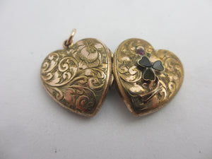 Lucky Shamrock in Heart Double Locket Pendant 9k Gold Antique Victorian c1880