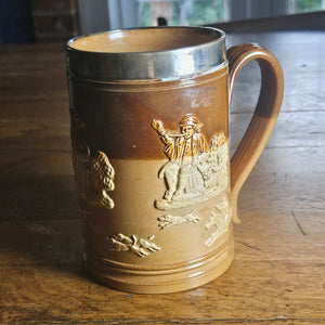 Hunting Scene Royal Doultan Tankard with Sterling Silver Top Antique Victorian