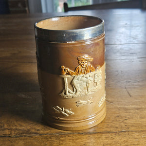 Hunting Scene Royal Doultan Tankard with Sterling Silver Top Antique Victorian