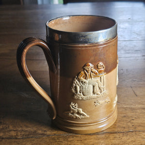 Hunting Scene Royal Doultan Tankard with Sterling Silver Top Antique Victorian