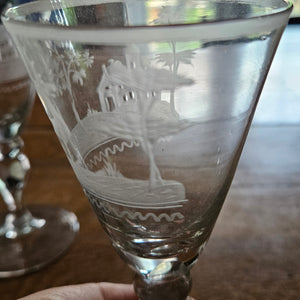 Hunting Scene Etched Port Drinking Glass Set of 4 Antique Victorianc1860