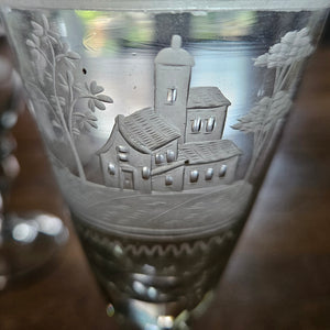 Hunting Scene Etched Port Drinking Glass Set of 4 Antique Victorianc1860