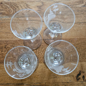 Hunting Scene Etched Port Drinking Glass Set of 4 Antique Victorianc1860