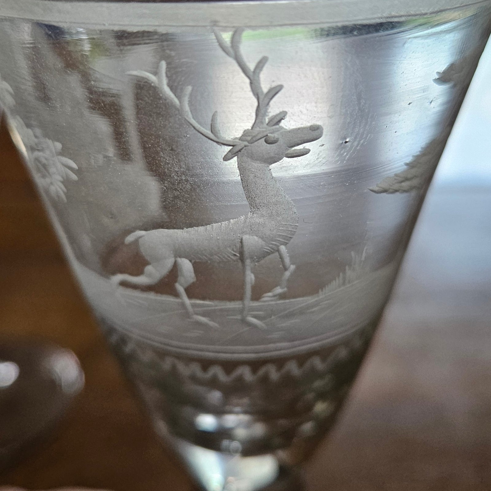 Hunting Scene Etched Port Drinking Glass Set of 4 Antique Victorianc1860