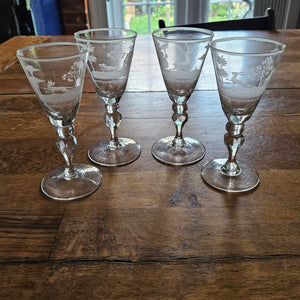 Hunting Scene Etched Port Drinking Glass Set of 4 Antique Victorianc1860