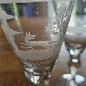 Hunting Scene Etched Port Drinking Glass Set of 4 Antique Victorianc1860
