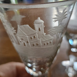 Hunting Scene Etched Port Drinking Glass Set of 4 Antique Victorianc1860