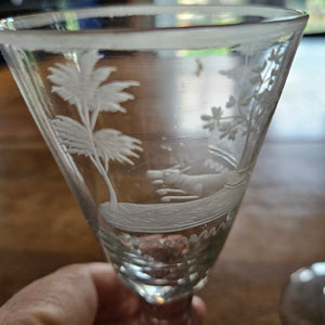 Hunting Scene Etched Port Drinking Glass Set of 4 Antique Victorianc1860