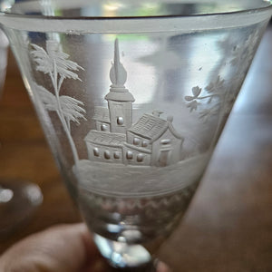 Hunting Scene Etched Port Drinking Glass Set of 4 Antique Victorianc1860