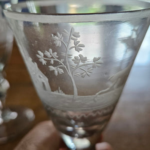 Hunting Scene Etched Port Drinking Glass Set of 4 Antique Victorianc1860