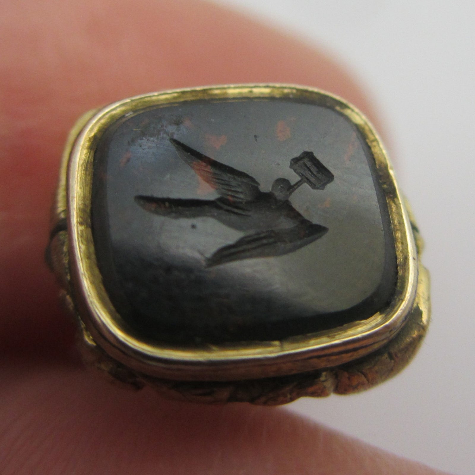 Flying Sallow Bird Intaglio Bloodstone Seal 9k Gold Cased Fob Pendant Charm Antique Victorian c1840