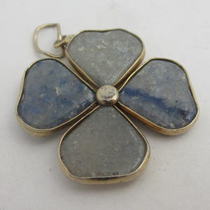 Blue Agate Lucky 4 Leaf Clover Sterling Silver Pendant Antique Victorian c1860