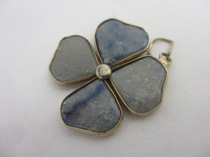 Blue Agate Lucky 4 Leaf Clover Sterling Silver Pendant Antique Victorian c1860