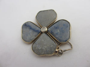 Blue Agate Lucky 4 Leaf Clover Sterling Silver Pendant Antique Victorian c1860