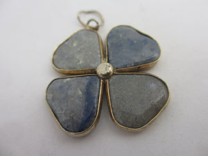 Blue Agate Lucky 4 Leaf Clover Sterling Silver Pendant Antique Victorian c1860